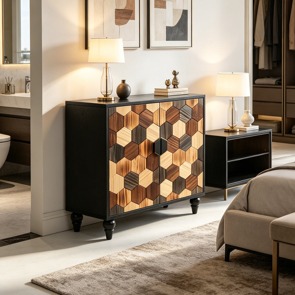 Modern Accent Cabinet with Honeycomb Pattern Doors - Antique Black or Brown