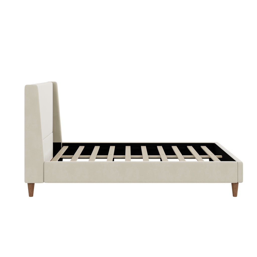 Upholstered Modern Platform Bed with Wingback Headboard - Beige or White