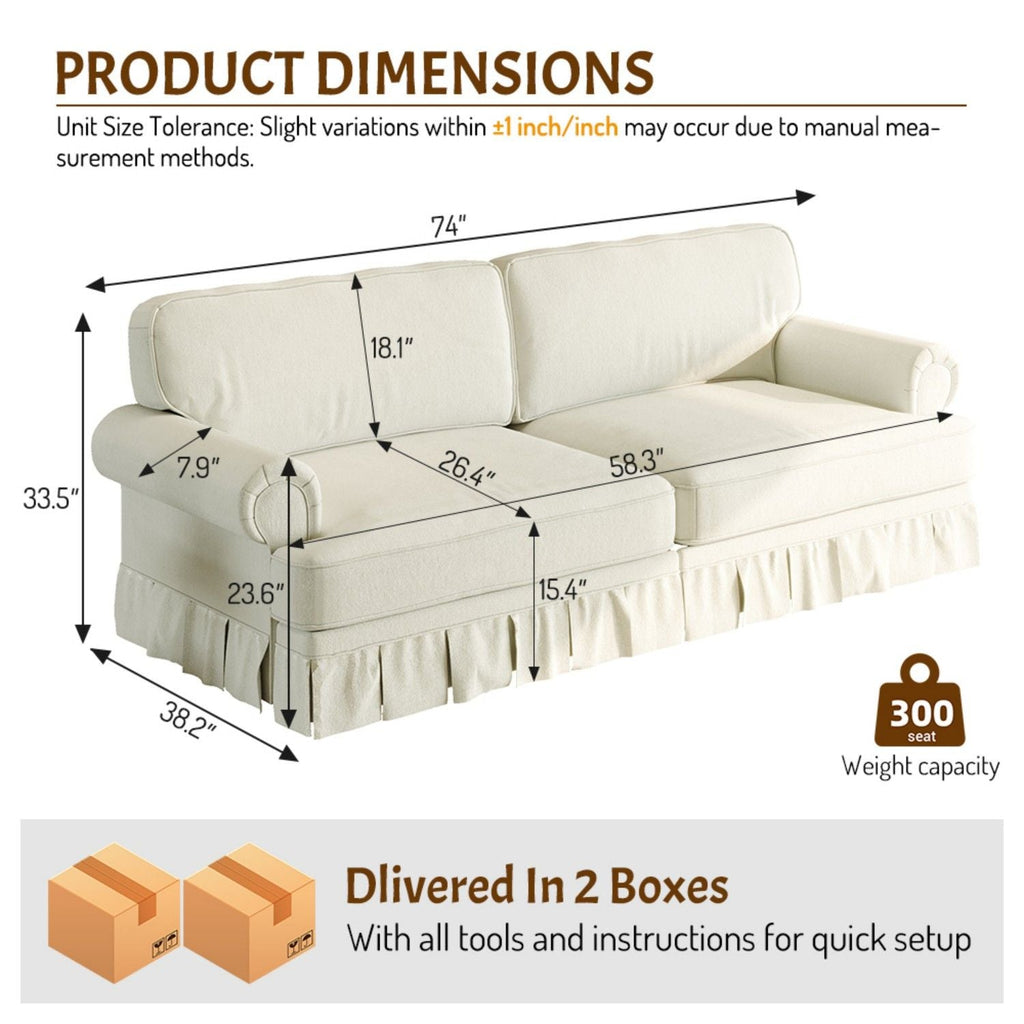Cloud Couch Sofa with Rolled Arms and Pleated Skirt - Beige, Blue, or Light Brown