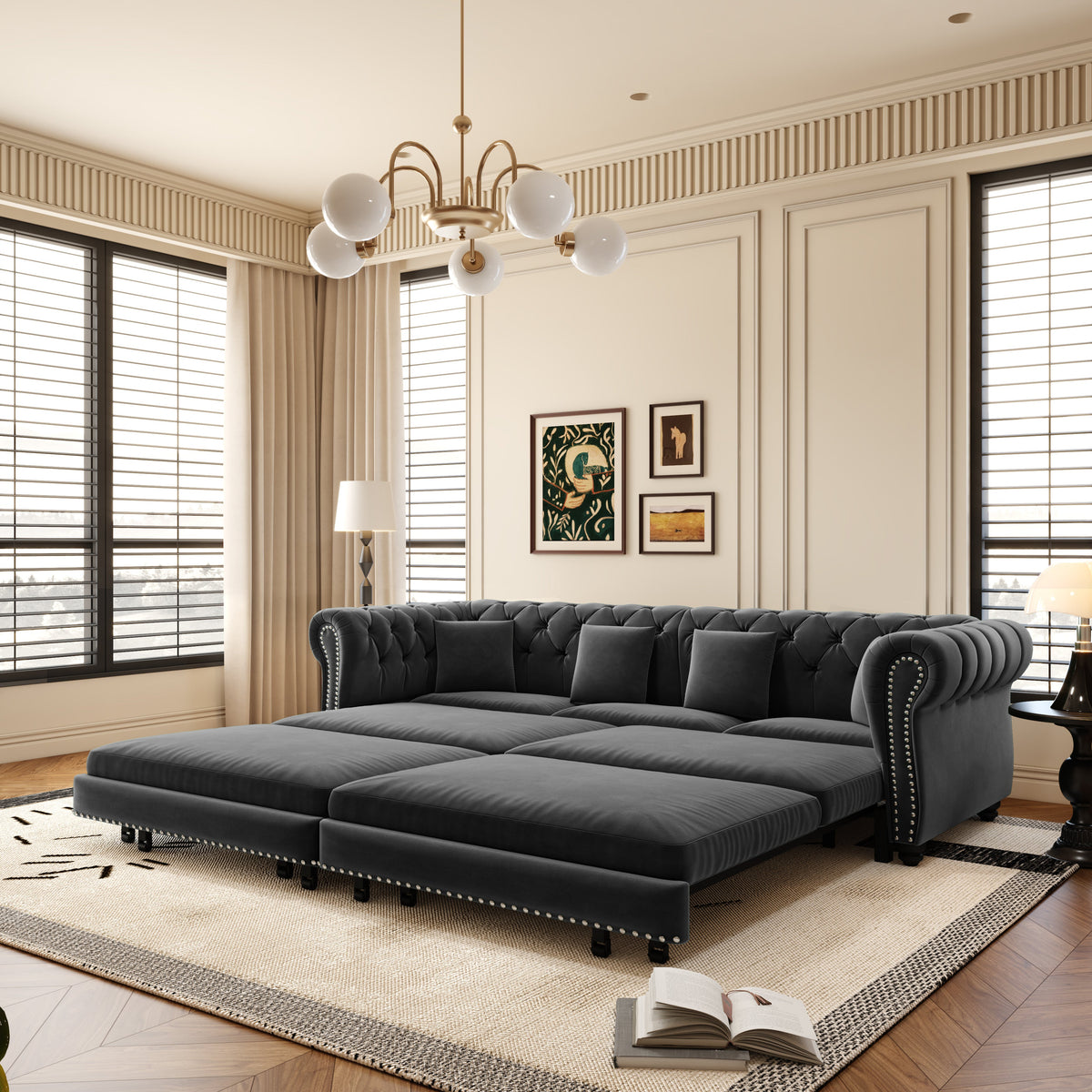 Chesterfield 3-in-1 Convertible Velvet Sofa Bed with Pull-Out Sleeper - Grey