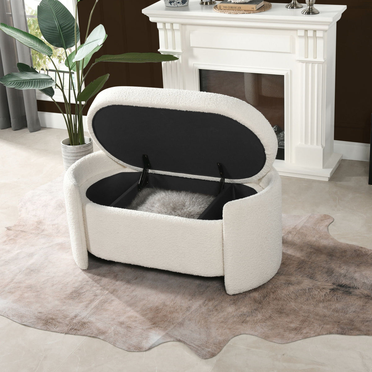 Ivory White Oval Storage Bench with Three-Compartment Interior - Upholstered