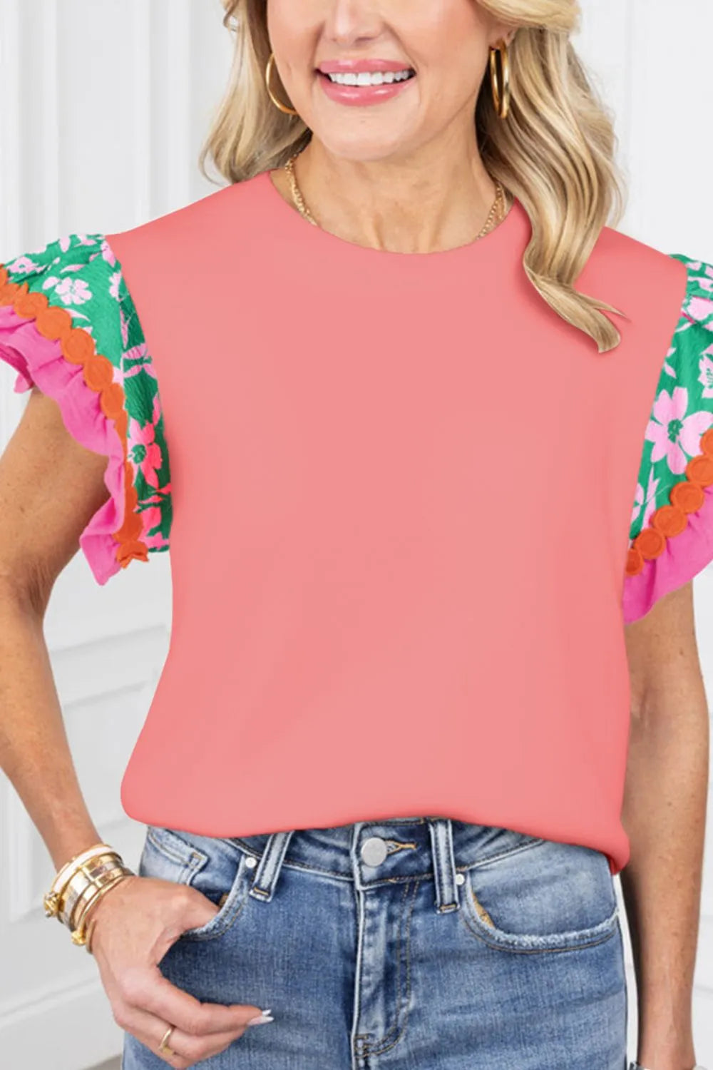 Ruffled Round Neck Cap Sleeve Top