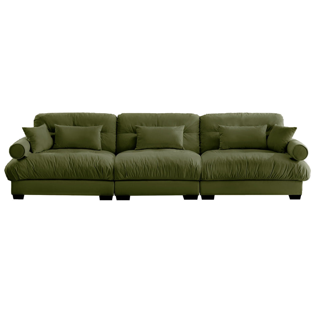 Modern Sofa with Bolstered Armrests and Pillows - Beige or Dark Green