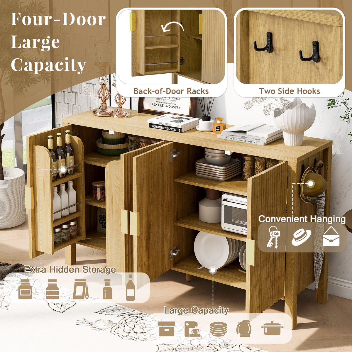 Modern Stripe Door Storage Cabinet with Adjustable Shelves - 57.5" Wide