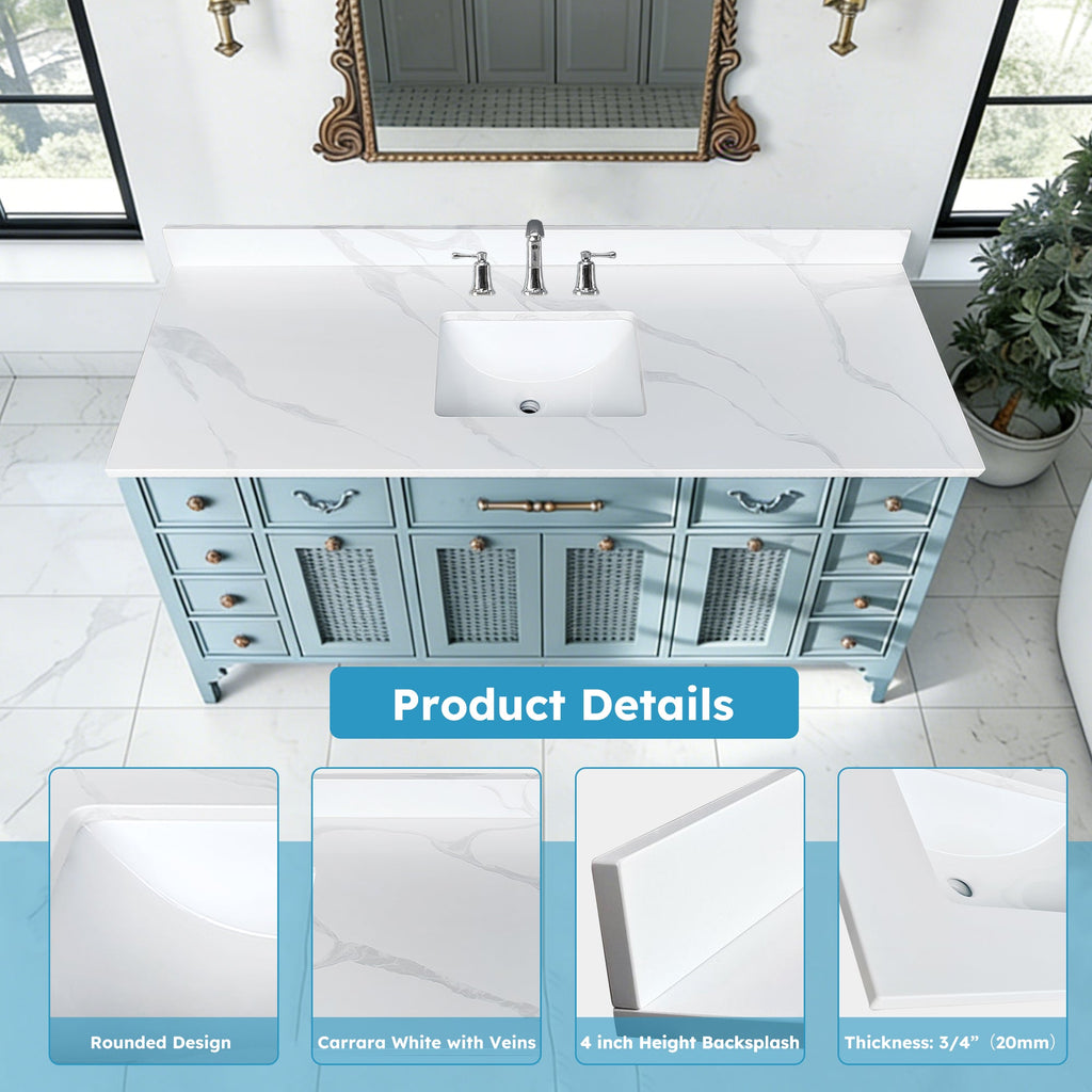 61-Inch Quartz Bathroom Vanity Top with Undermount Sink - Carrara Finish