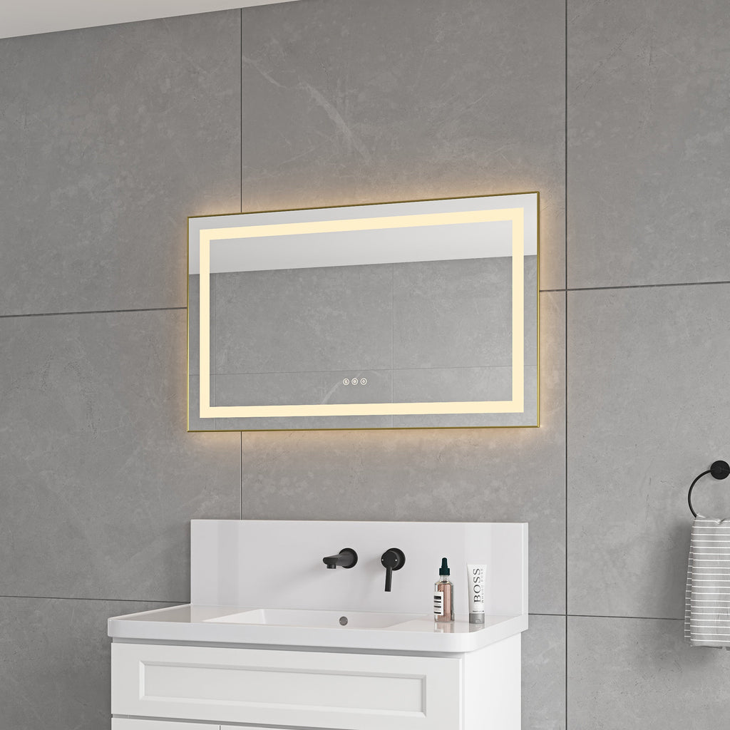 40 x 24 Inch LED Bathroom Mirror with Front and Backlight - Brushed Gold or Gun Ash