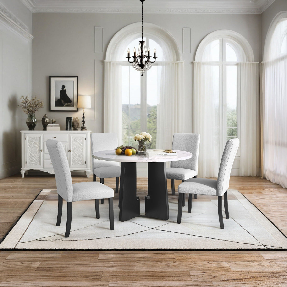 5 Piece Round Dining Table Set with Upholstered Chairs - Black or White