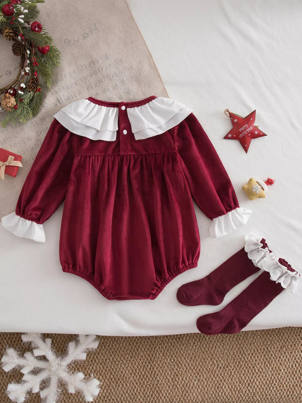 Children's Christmas Velvet Bodysuit and Socks Set