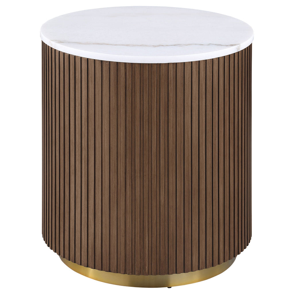 Jason 2-piece Round White Marble Coffee Table Set Honey Brown