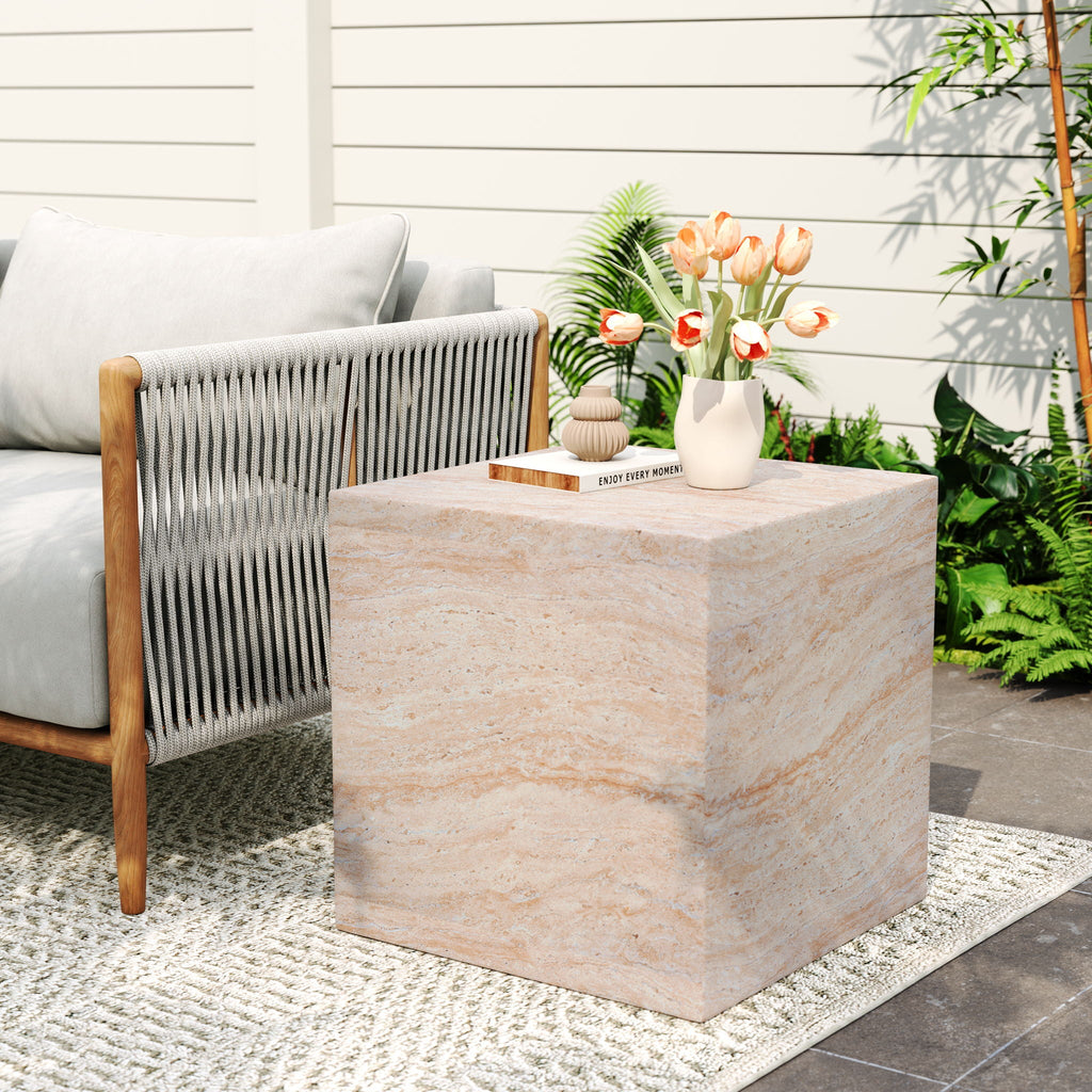 Square Lightweight Side Table with Travertine Finish - Gray or Beige