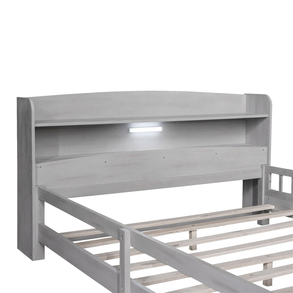 Wood Platform Storage Bed with LED Light & Storage Headboard - White or Dark Gray