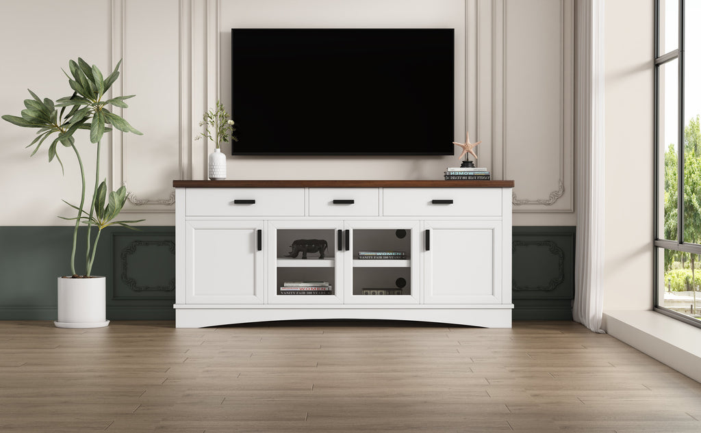 Modern TV Stand with Glass Doors and Adjustable Shelves - White