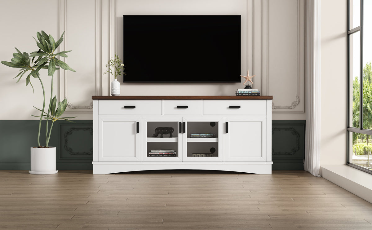 Modern TV Stand with Glass Doors and Adjustable Shelves - White