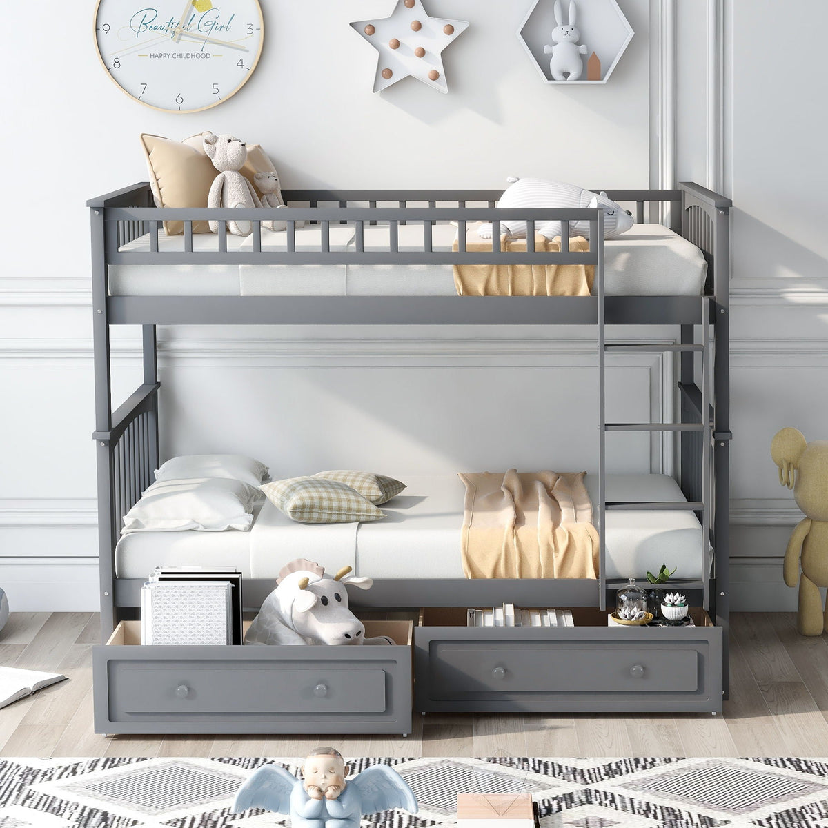 Twin Over Twin Bunk Bed with Drawers - Convertible, Solid Pine Wood - White or Dark Gray