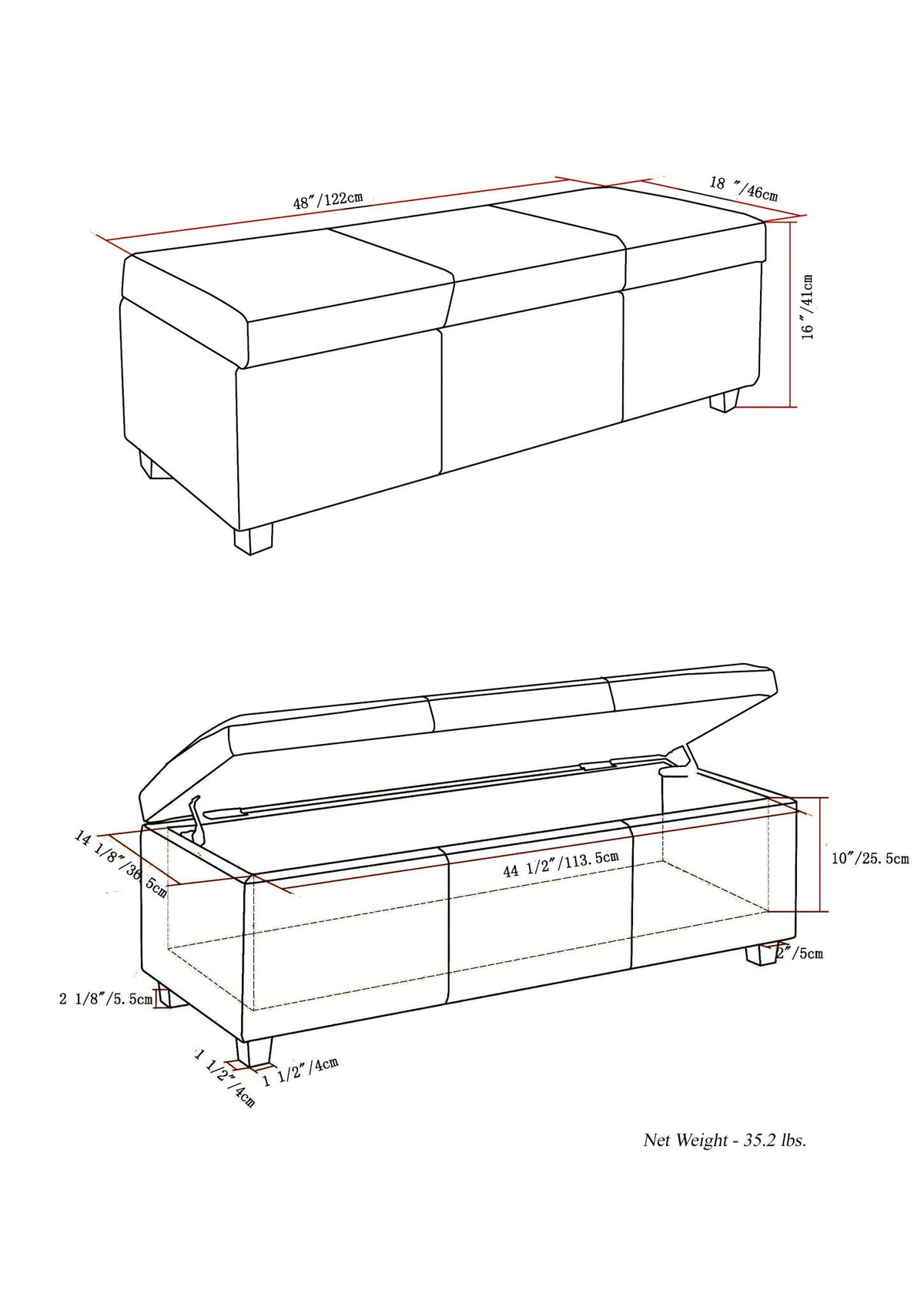 Avalon Contemporary Storage Ottoman Bench with Large Storage - Black, Dark Brown, Dark Gray