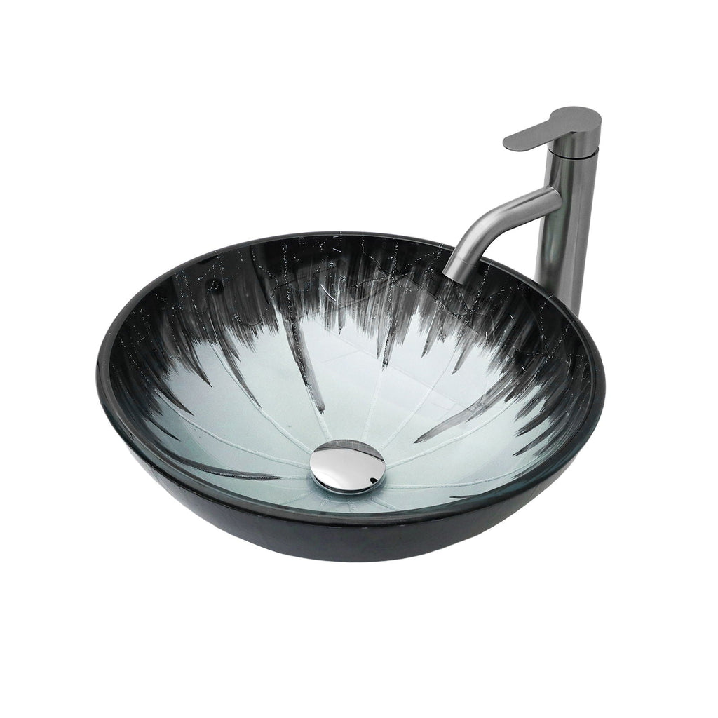 Gray Crackle Vessel Sink with Pop Up Drain – Tempered Glass Bathroom Basin