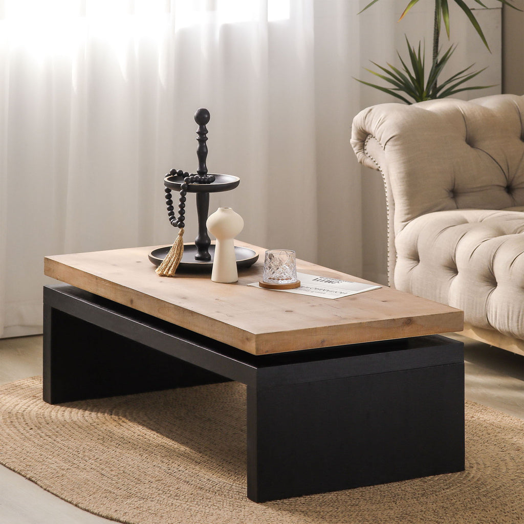 Rectangular Coffee Table with Engineered Wood Top and Black Frame - Black/Natural