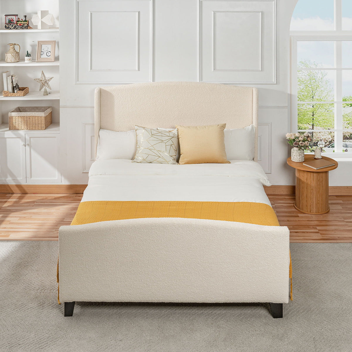Platform Bed Frame with Tall Headboard and High Footboard - White or Gray