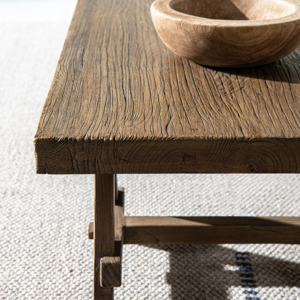 Trestle Coffee Table with Solid Reclaimed Elm Construction - Dark or Light Brown