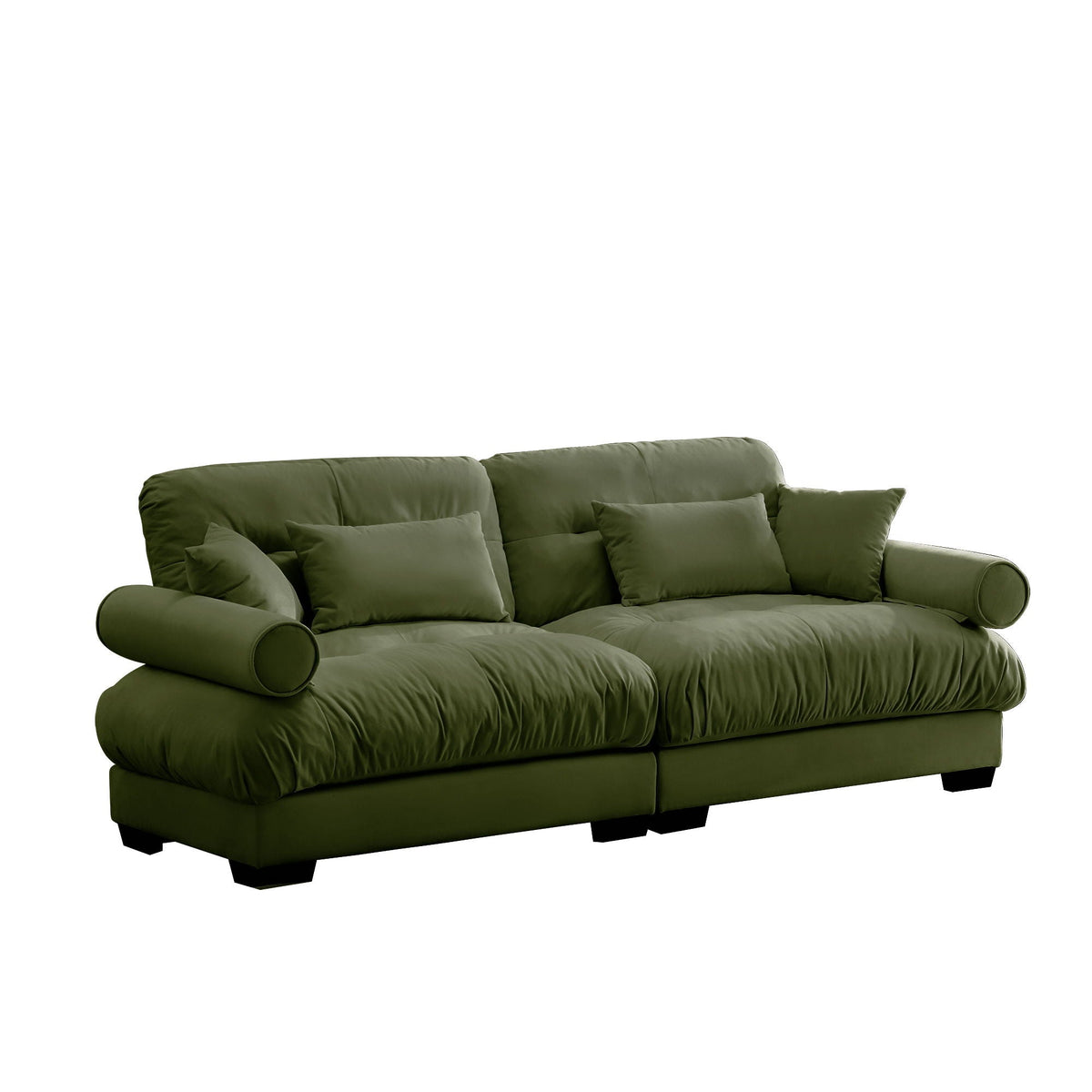 Modern Sofa with Bolstered Armrests and Pillows - Beige or Dark Green
