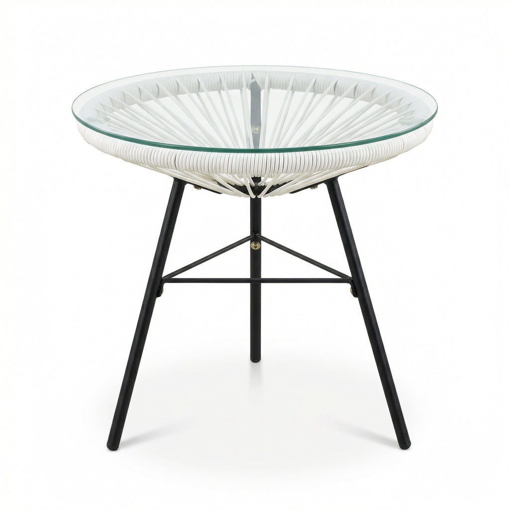 Synthetic Wicker Outdoor Side Table with Tempered Glass Top - White