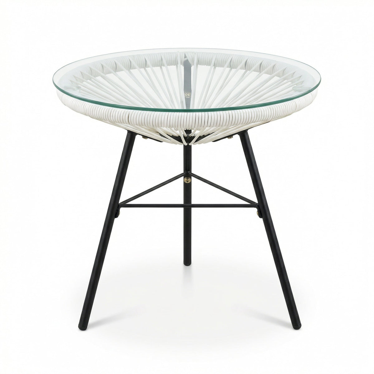Synthetic Wicker Outdoor Side Table with Tempered Glass Top - White