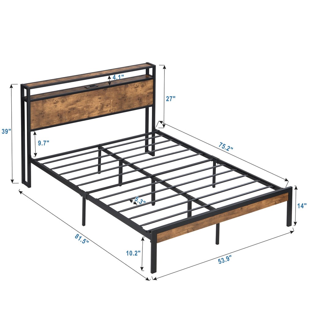 Metal Platform Bed Frame with Wooden Headboard and USB - Dark Brown