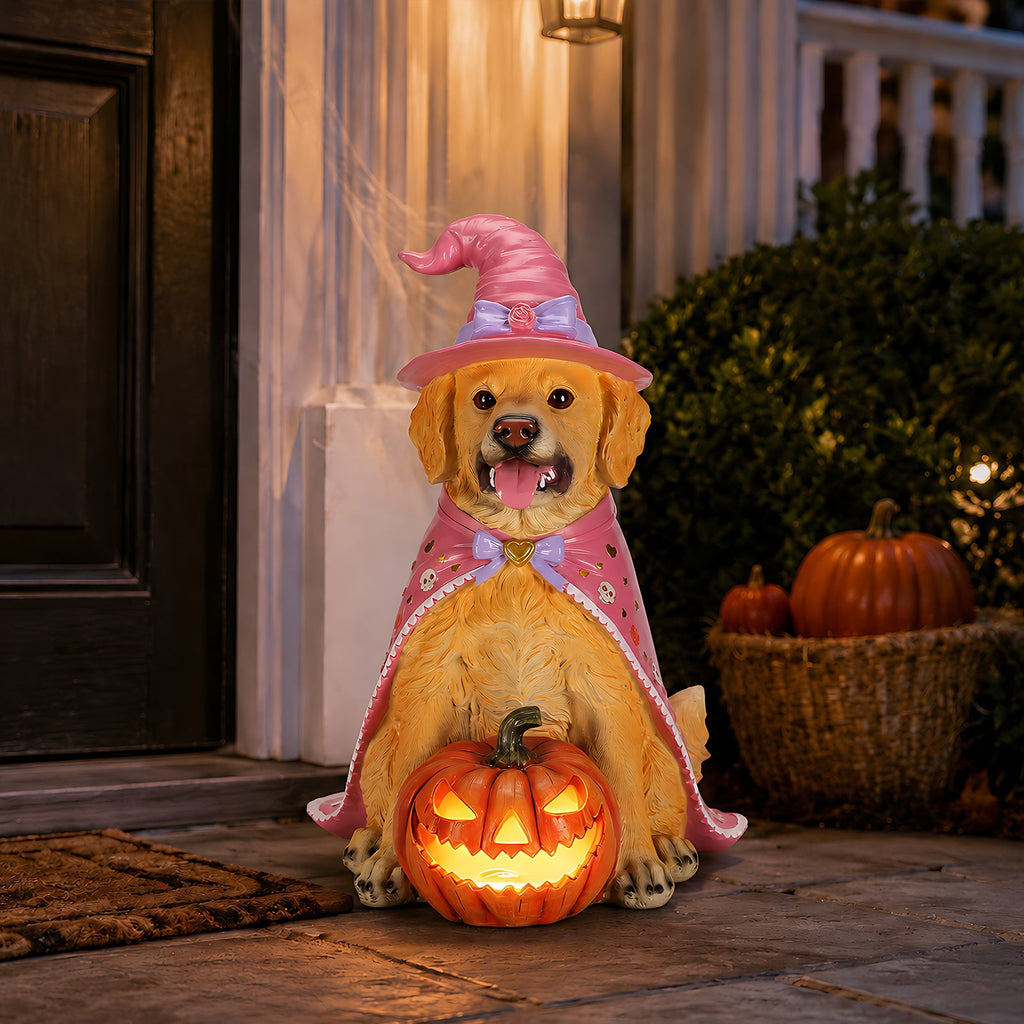 Halloween Golden Retriever Dog Statue with Light-Up Pumpkin - Multicolor
