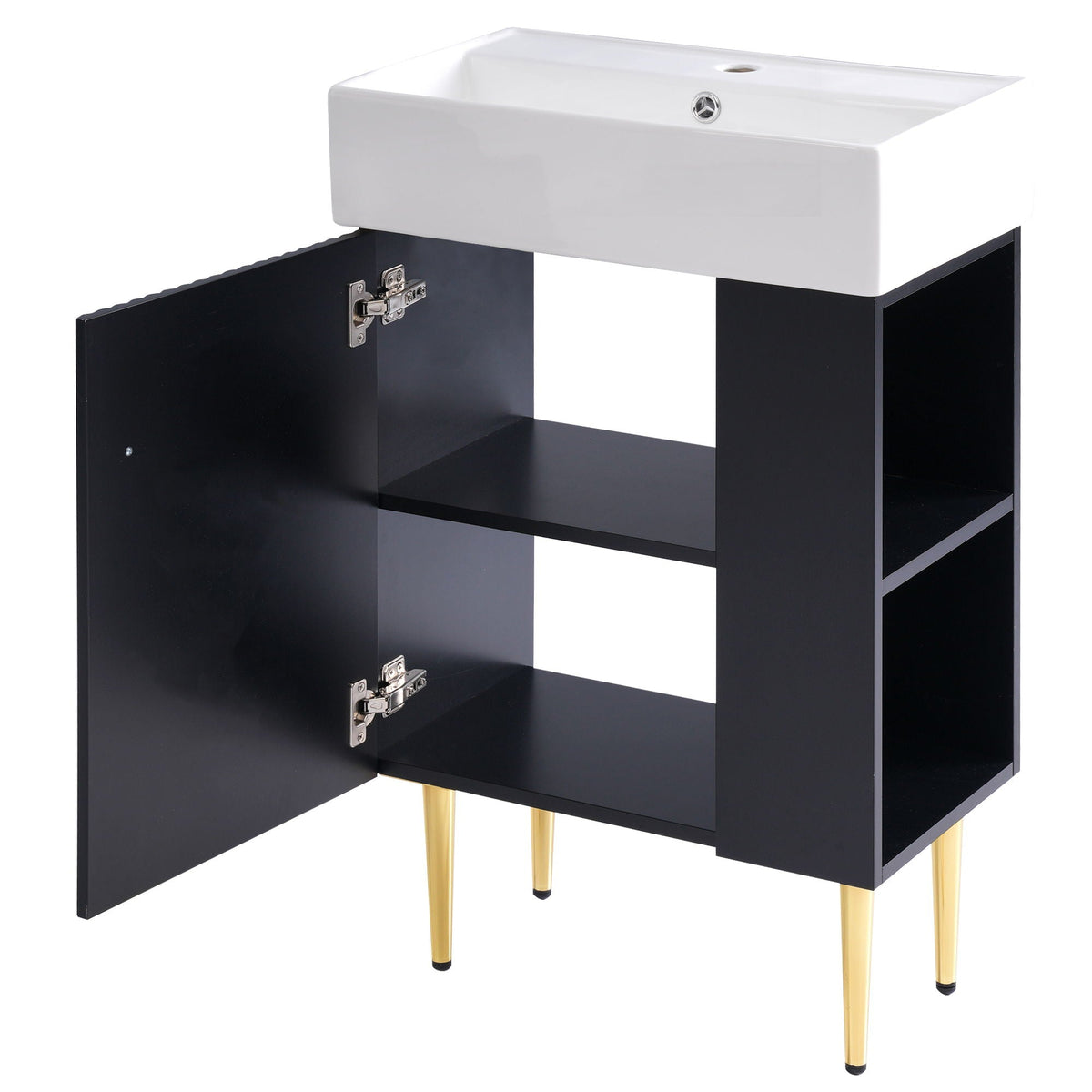Bathroom Vanity with Single Ceramic Sink and Side Storage - Multiple Colors