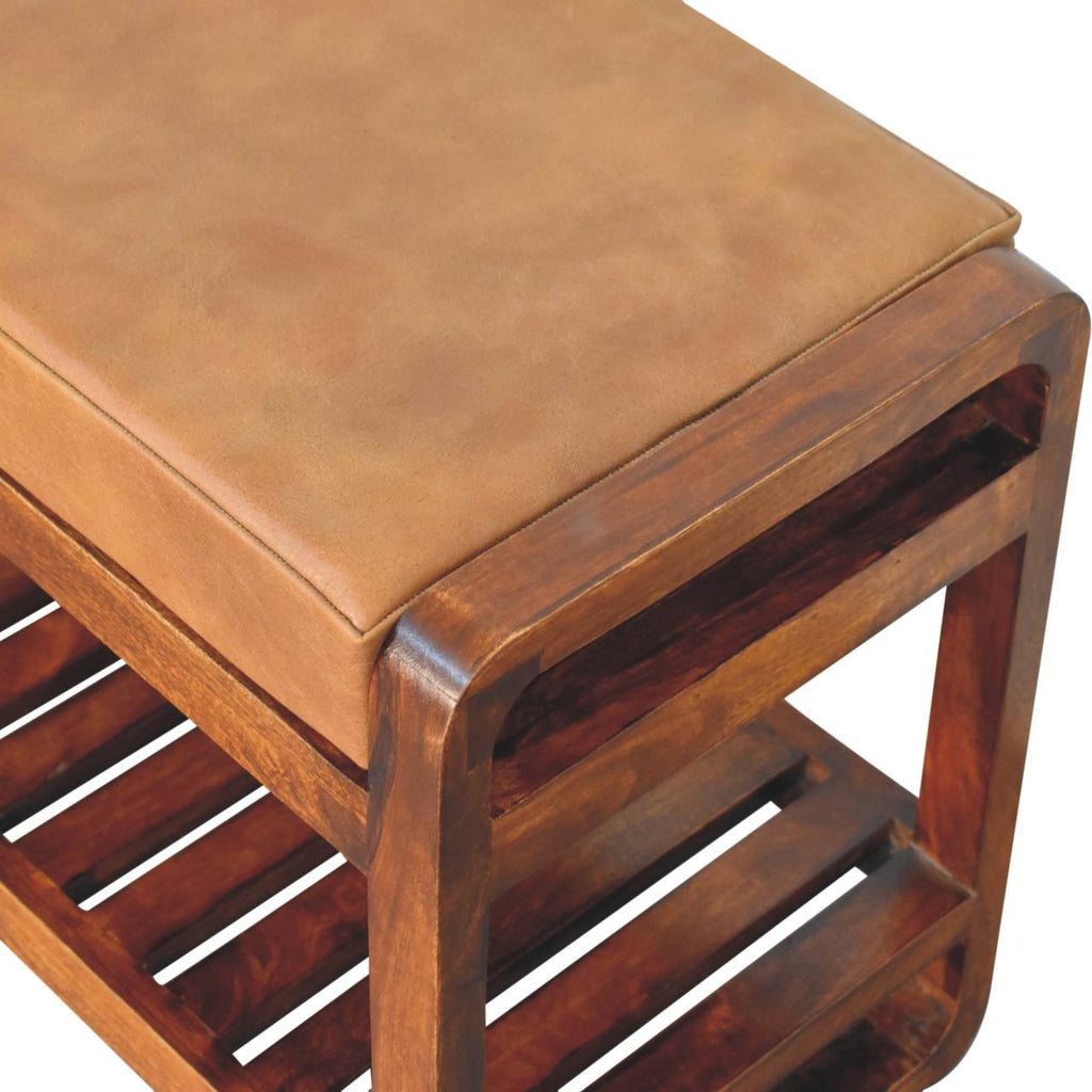 Solid Wood Slatted Bench with Leather Upholstery and Open Storage - Chestnut