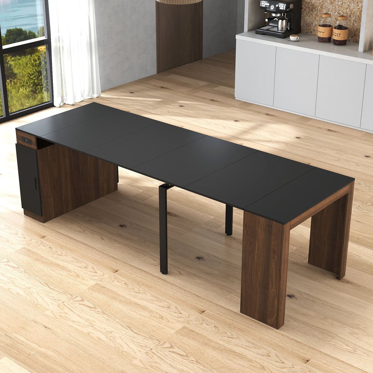 Modern Multifunctional Extendable Dining Table with Outlet - Walnut+Black or White