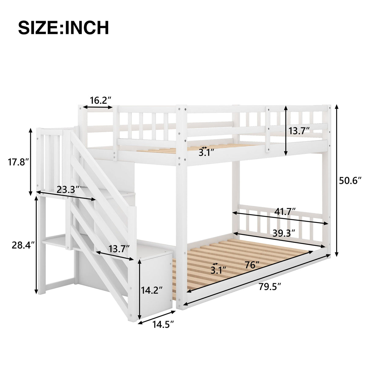 Twin Over Twin Floor Bunk Bed with Ladder Storage - White or Dark Gray