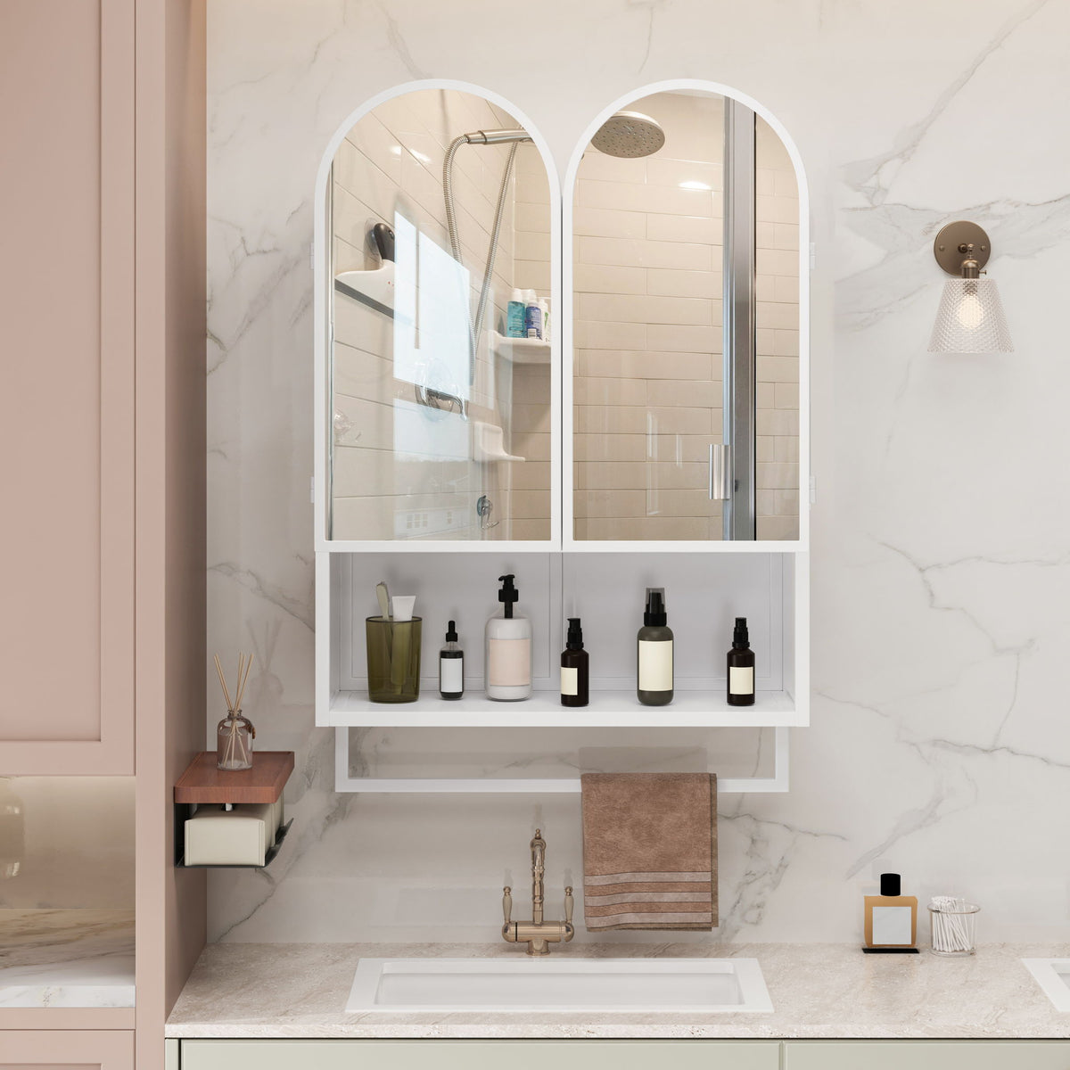Double Arched Mirror Wall Cabinet with Adjustable Shelves and Towel Rack - Black or White