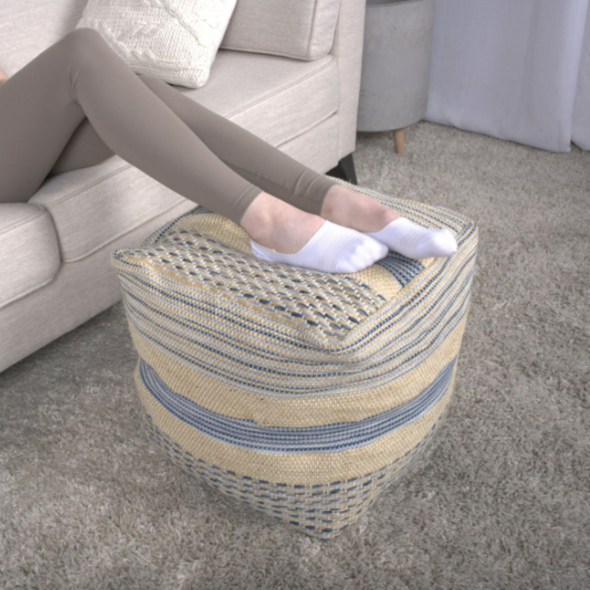 Handcrafted Fabric Pouf with Durable Hemp and Wool - Natural / Blue