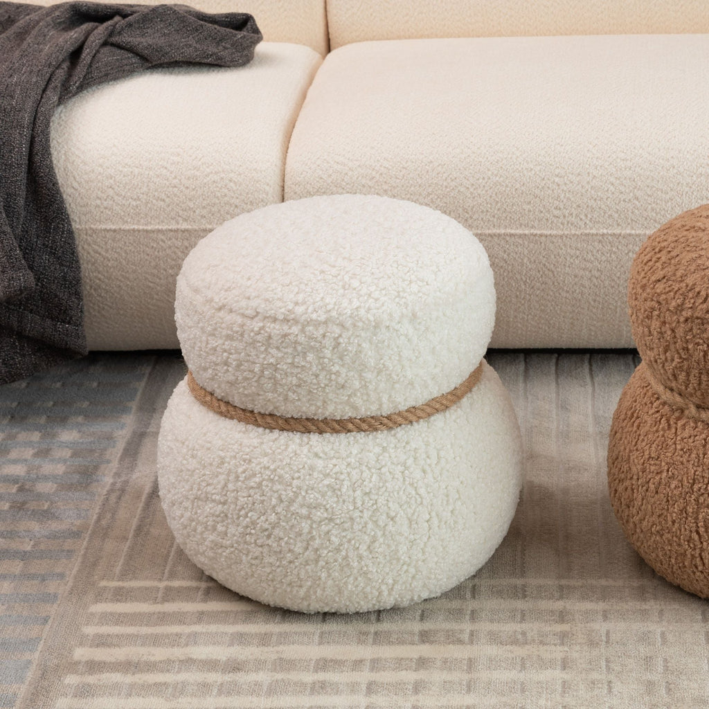 Snowman Stool Ottoman with Lamb Wool Cushion and Solid Wood Frame - White, Light Brown, Dark Green