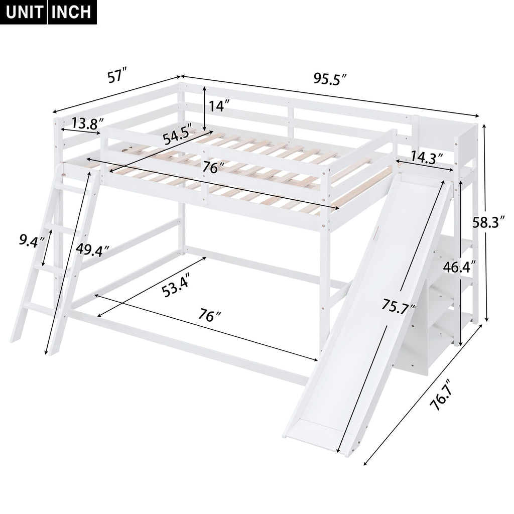 Bunk Bed With Ladder, Slide, and Shelves - Pine Wood, Full Over Full