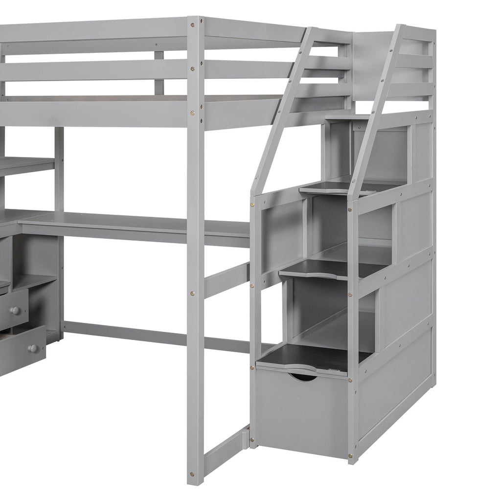 Loft Bed with Desk and Storage Staircase - Full or Twin, White or Gray
