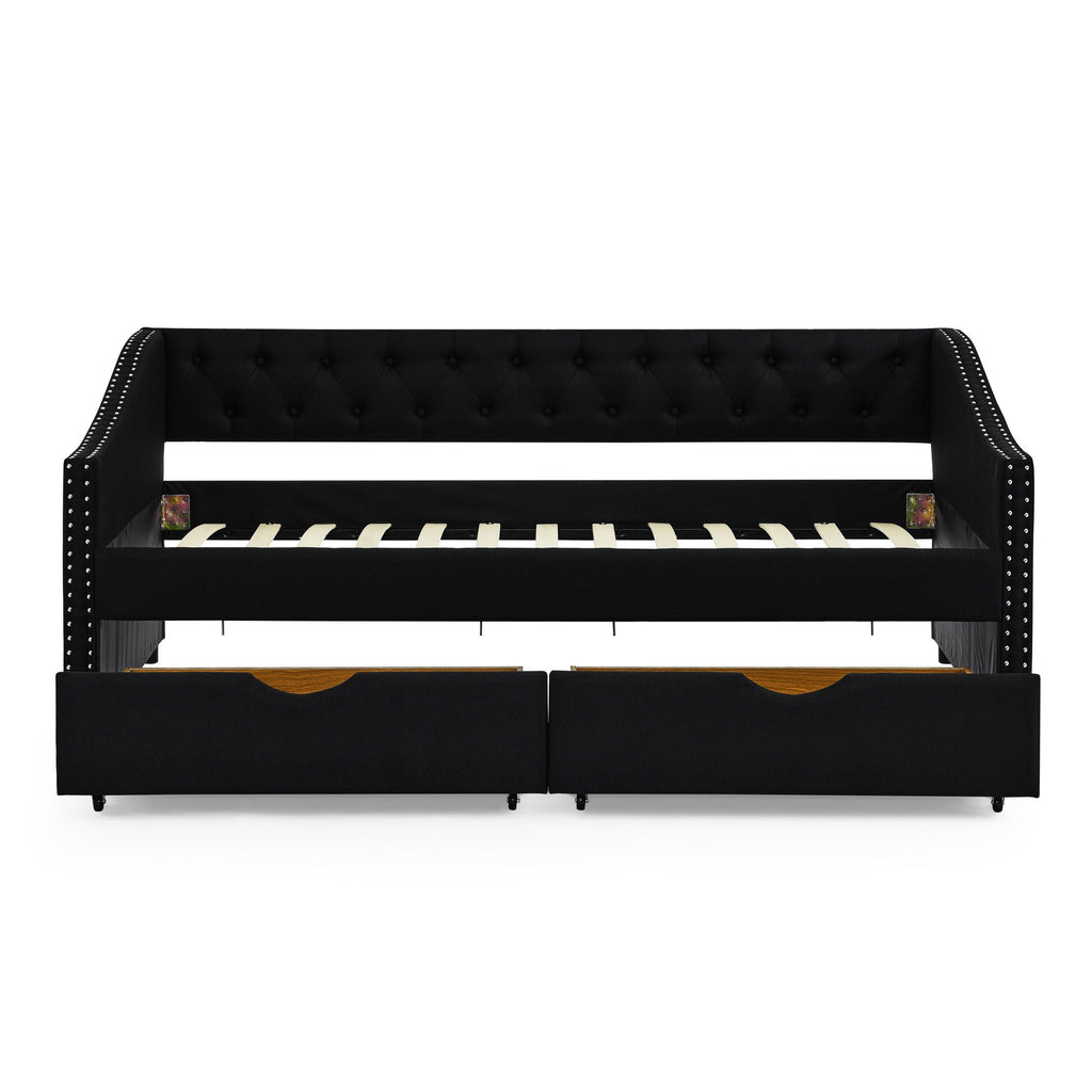 Upholstered Tufted Daybed with 2 Drawers and Waved Arms - Multiple Colors
