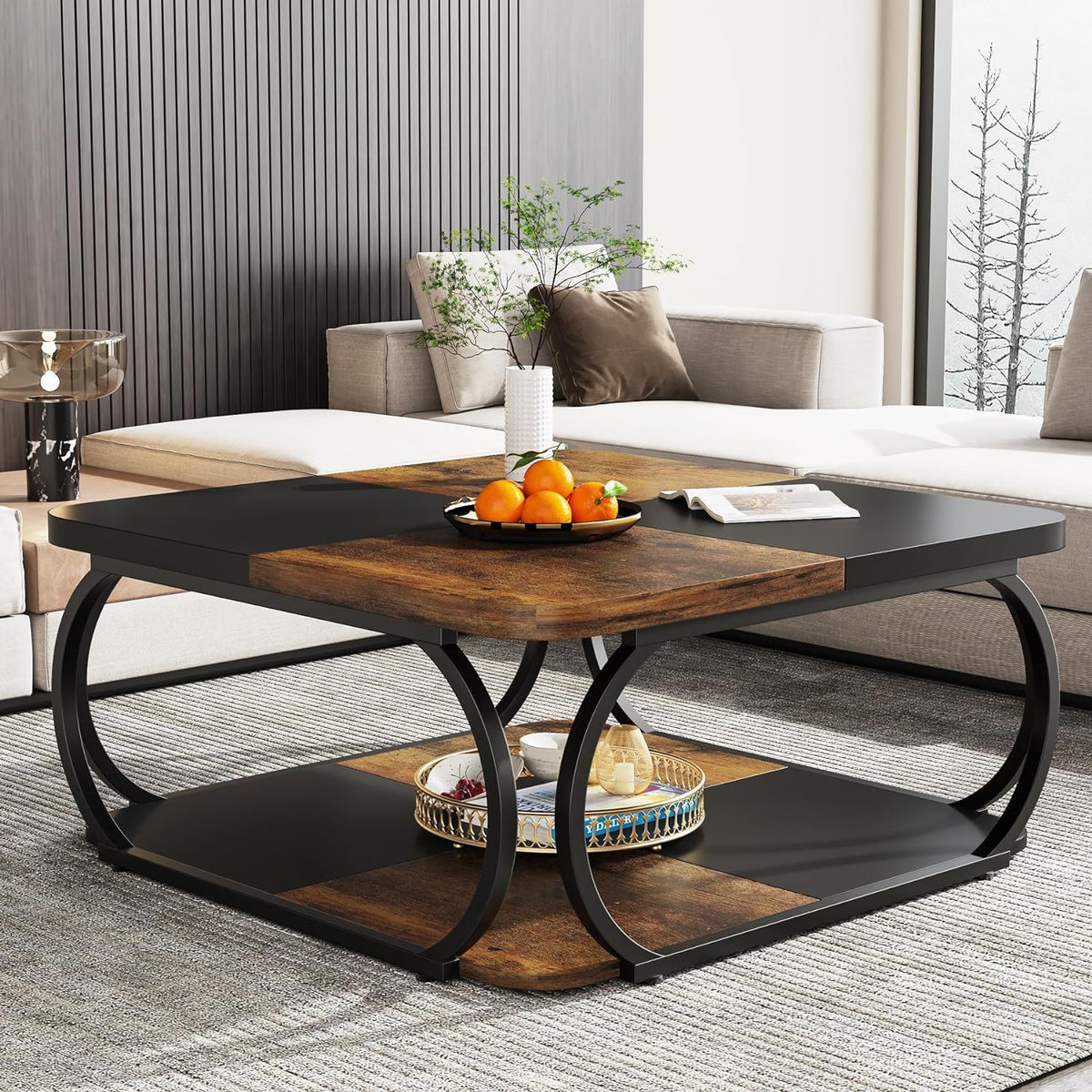 Square Coffee Table with Storage Shelf, 2 Tier - Brown / Black