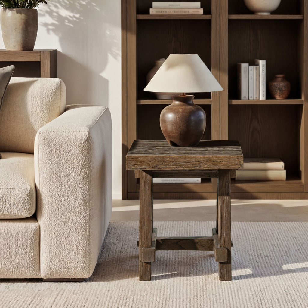 Trestle Coffee Table with Solid Reclaimed Elm Construction - Dark or Light Brown