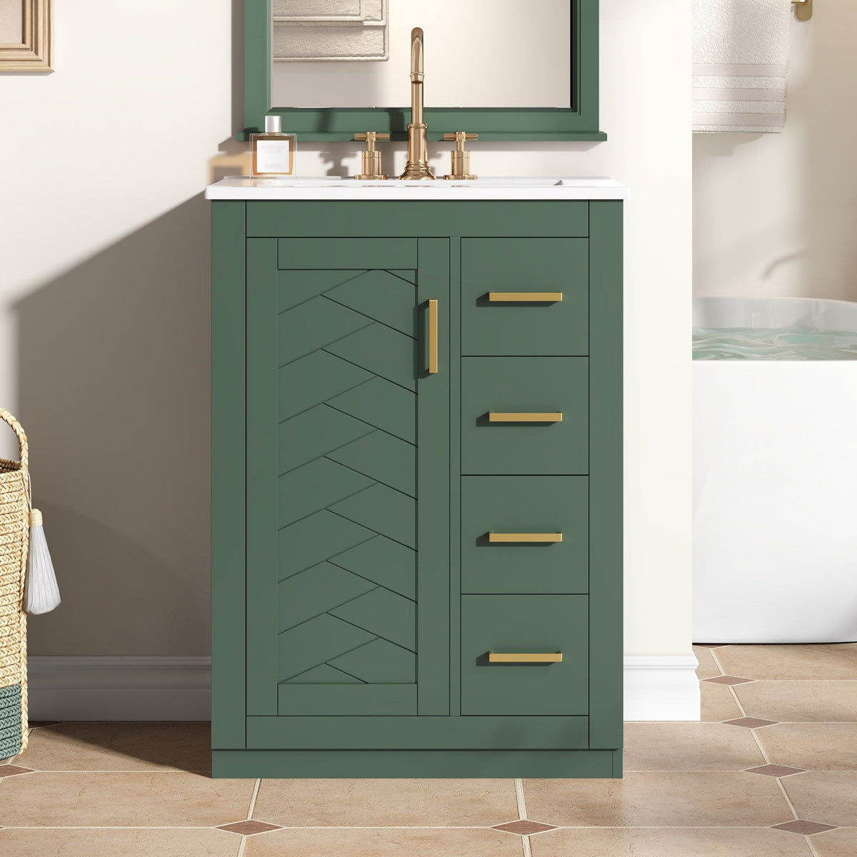 24" Bathroom Vanity with Integrated Ceramic Sink and Storage - Green