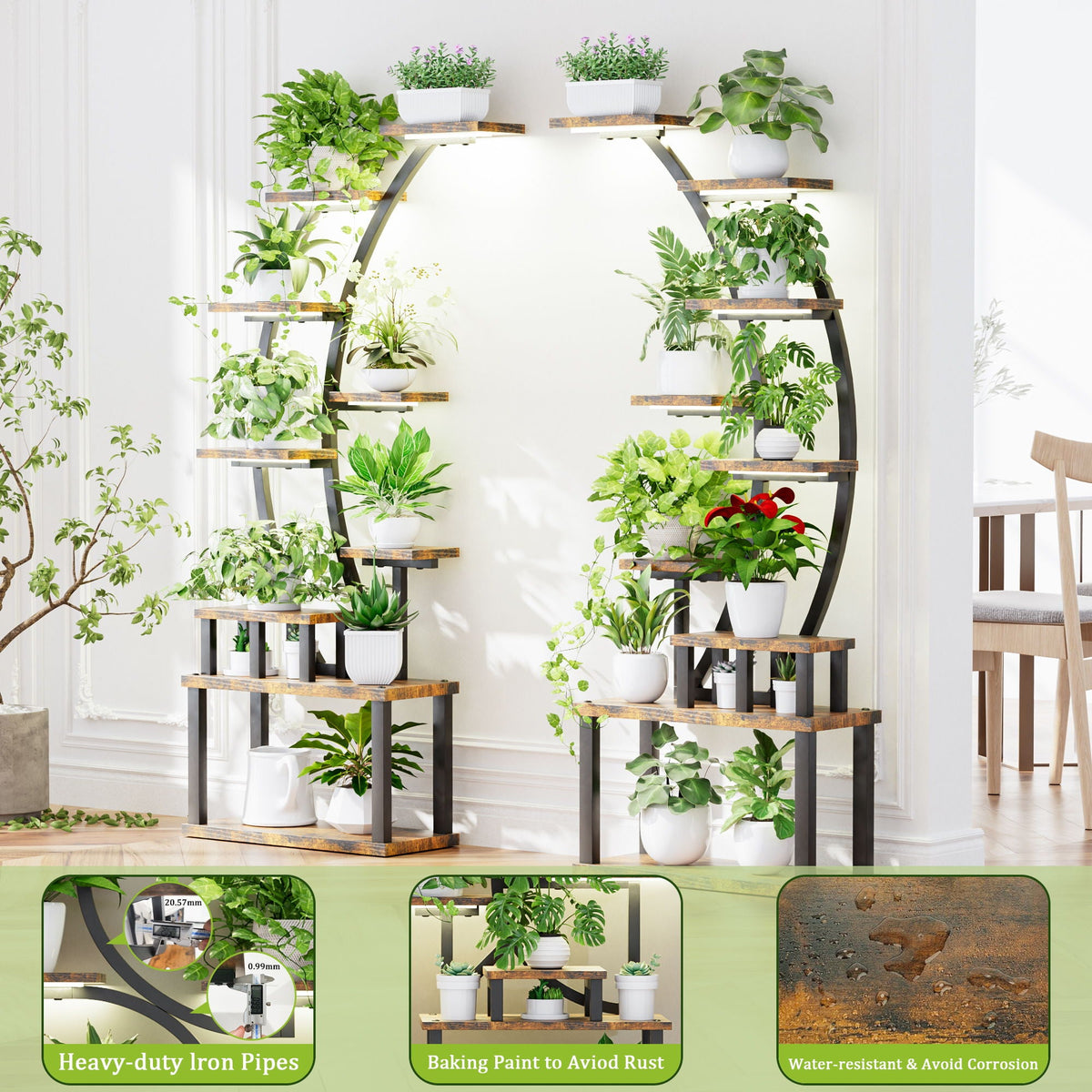 9 Tiered Indoor Plant Stand with 5 Adjustable Grow Lights - Light Brown