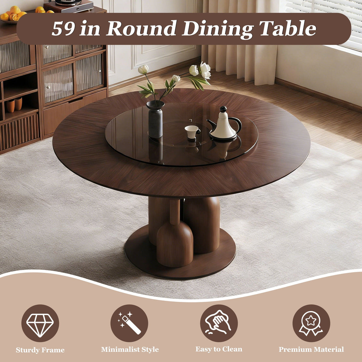 Round Dining Table With Lazy Susan For Living Room - Walnut