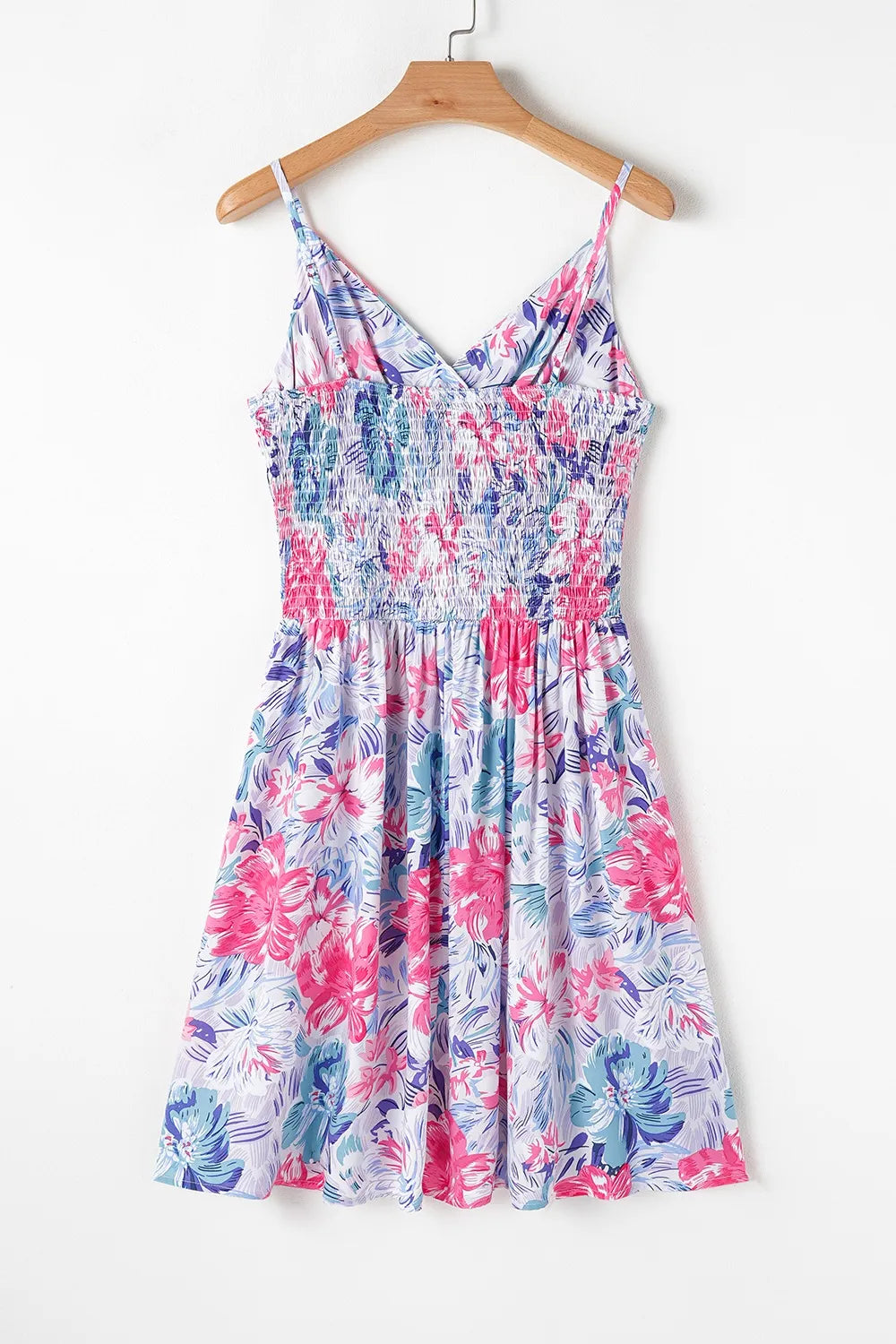 Floral Spaghetti Strap Surplice Neck Shirred Waist Mini Dress