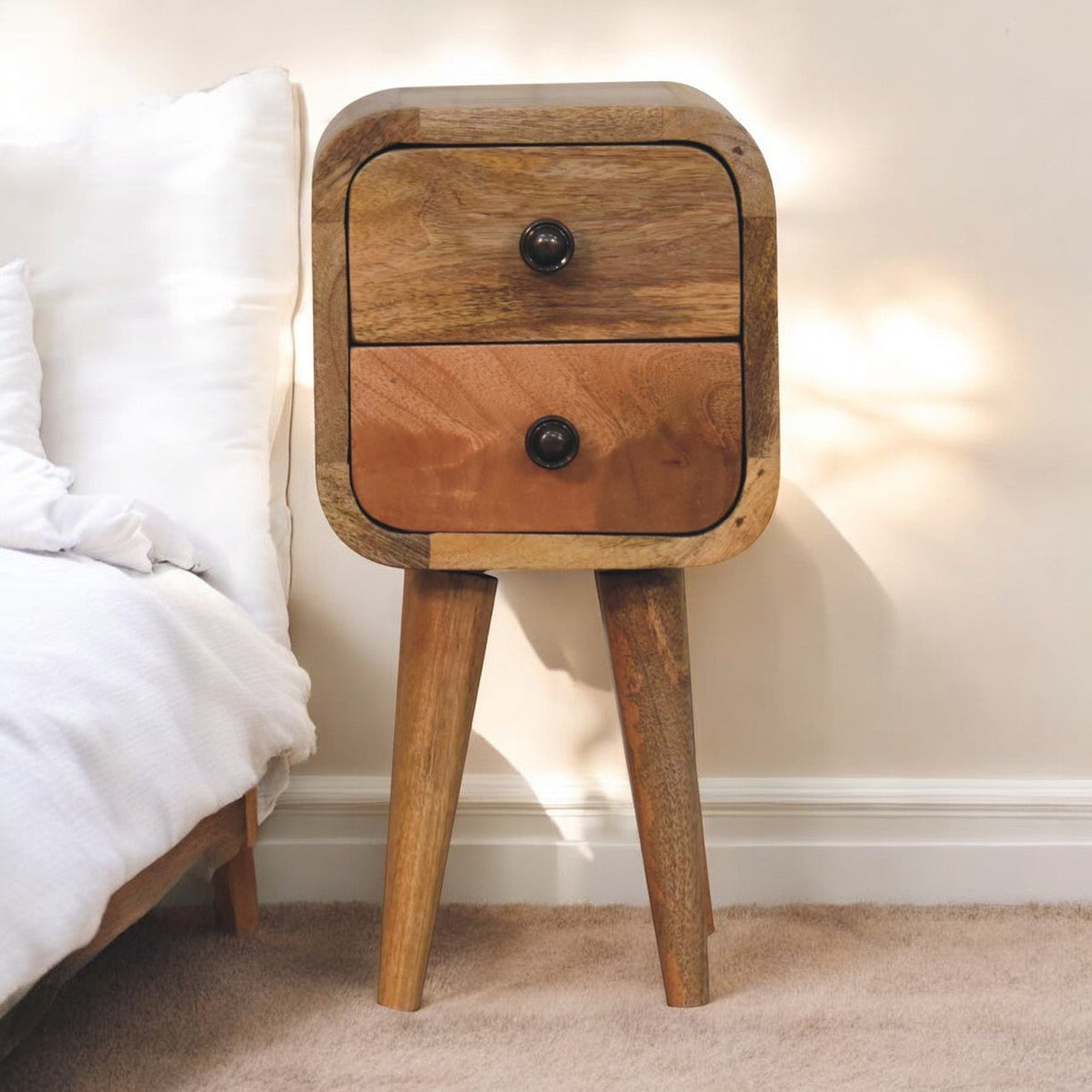 Solid Wood Extra Mini Curved Oak Bedside Table with Storage - Oak