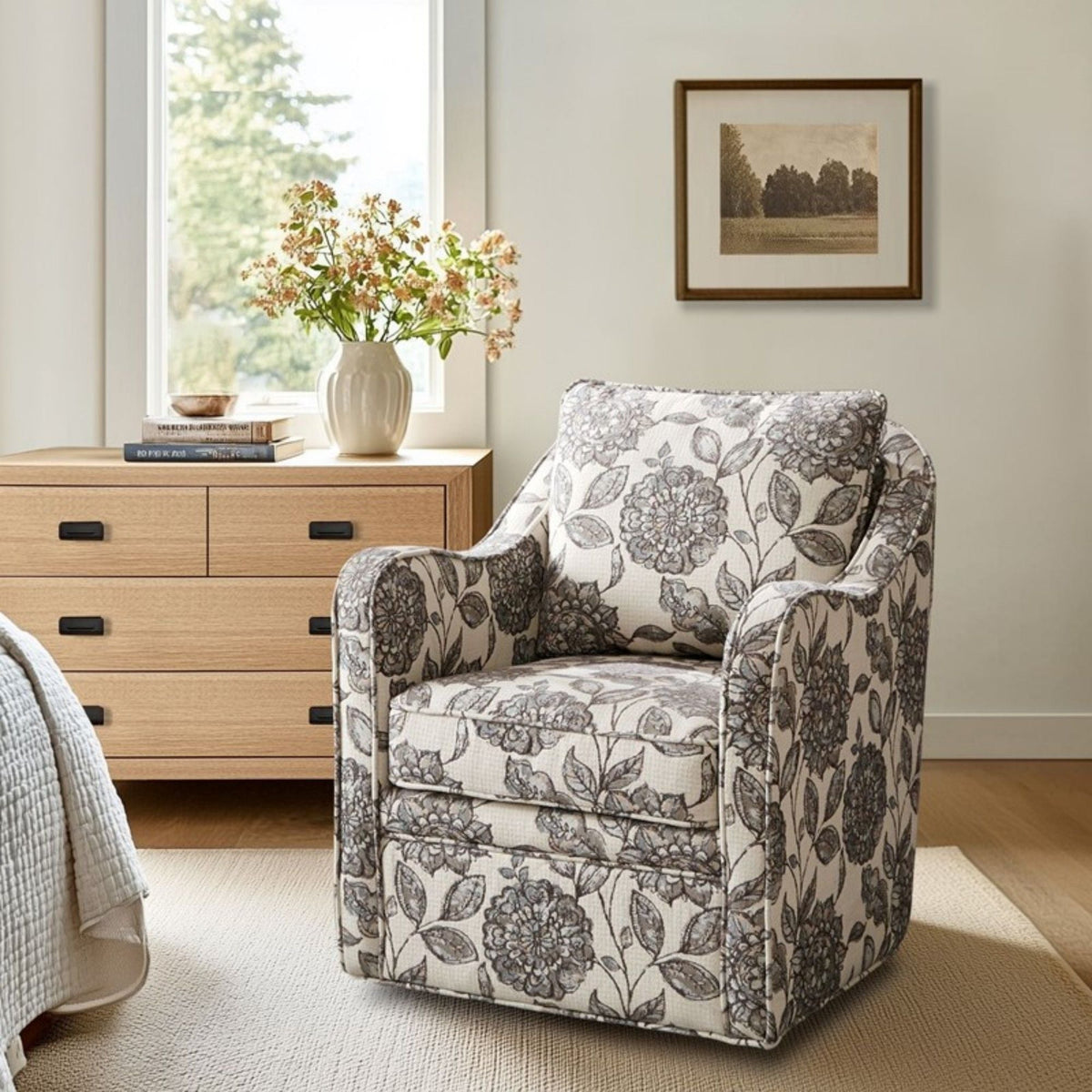 Wide Seat Swivel Arm Chair with 360 Degree Rotation - Gray or Beige