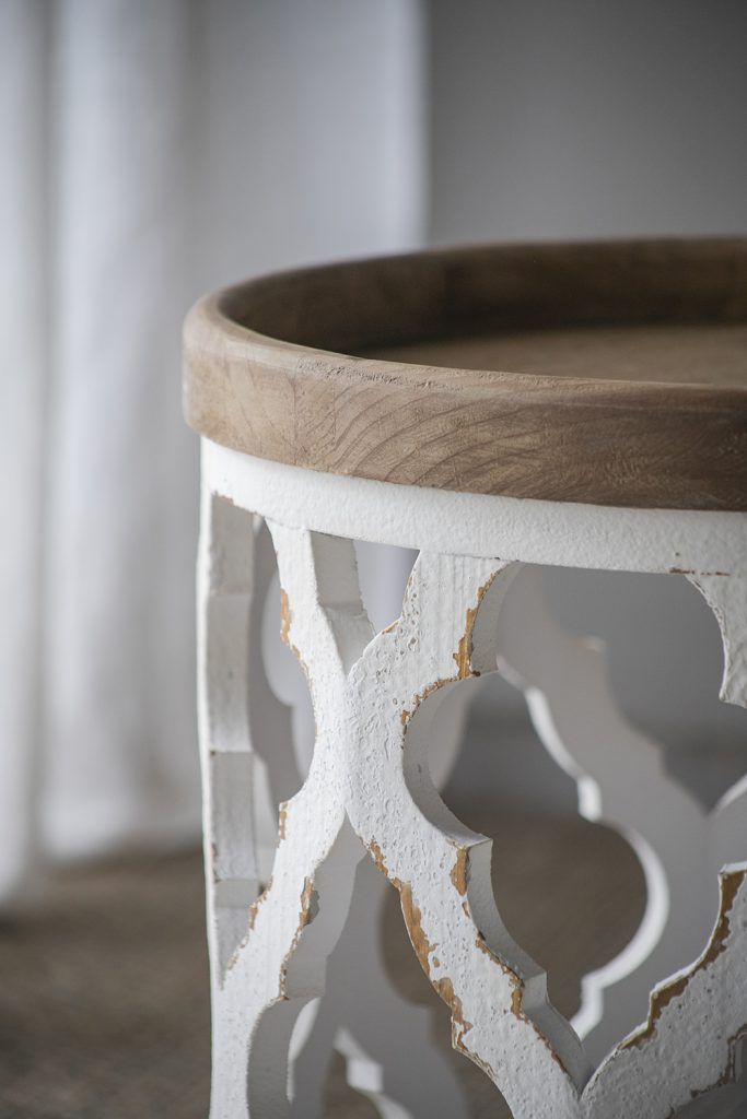 Rustic Round Wooden Side Table with Lattice Detail - Light Brown