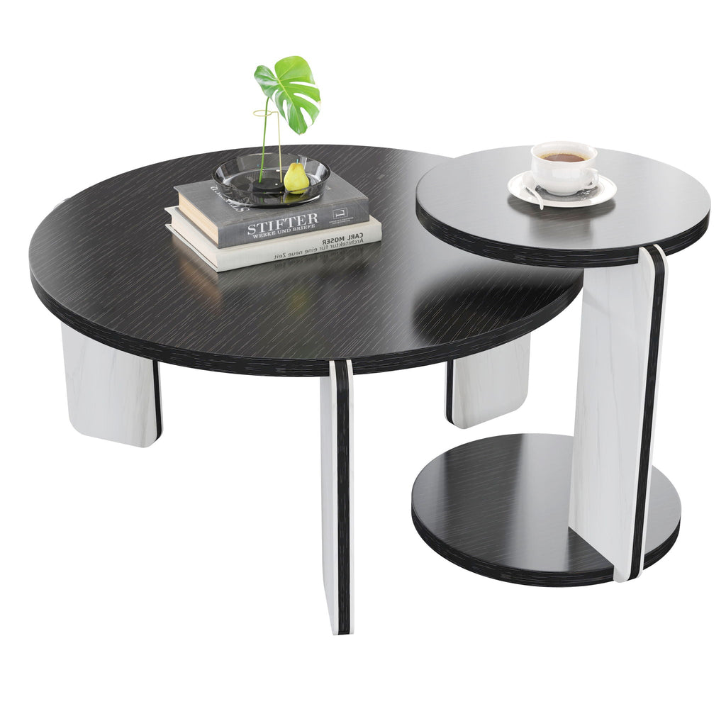 Round Coffee & End Table Set with Sintered Stone Legs - Black