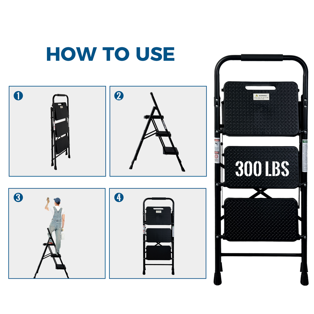 3 Step Ladder Folding Step Stool with Wide Anti-Slip Pedal - Black