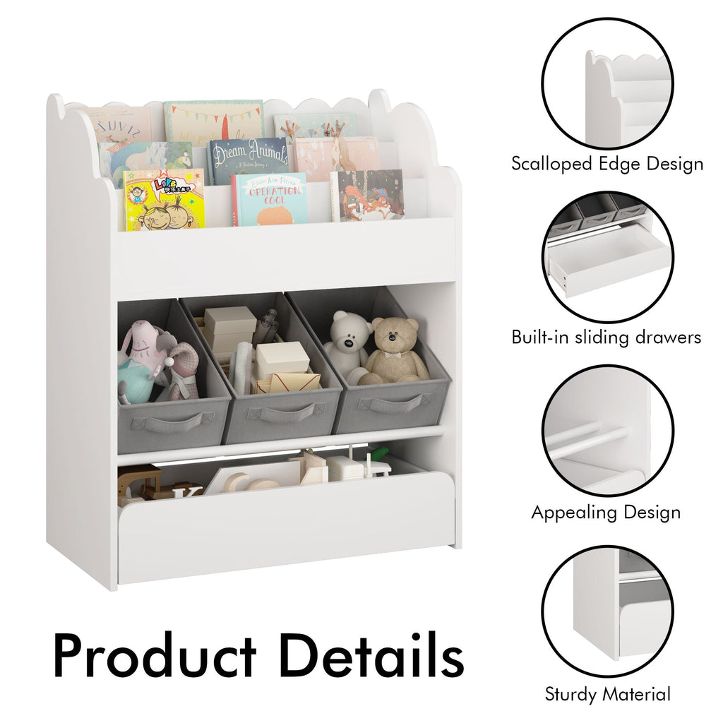 Bookshelf With Storage Bins and Drawer – Multi Functional Book Organizer for Toddlers - White